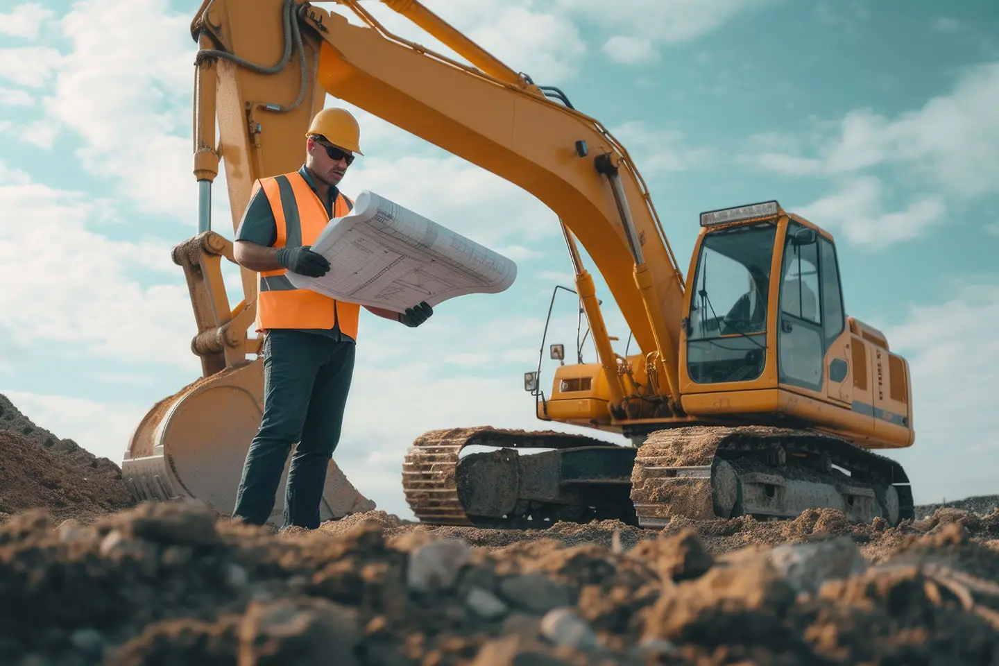 ON-TIME, ON-BUDGET, SAFETY-FOCUSED construction man standing next to an excavator with blueprint, in the style of precisionism influence, yellow and maroon, uniformly staged images --ar 128:85 --v 6 Job ID: 04d976be-2cec-4933-8312-bfafd8cd9426
